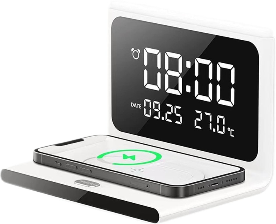 شارژر بی سیم 15 وات و ساعت دیجیتال رومیزی رسی مدل RLS-L12